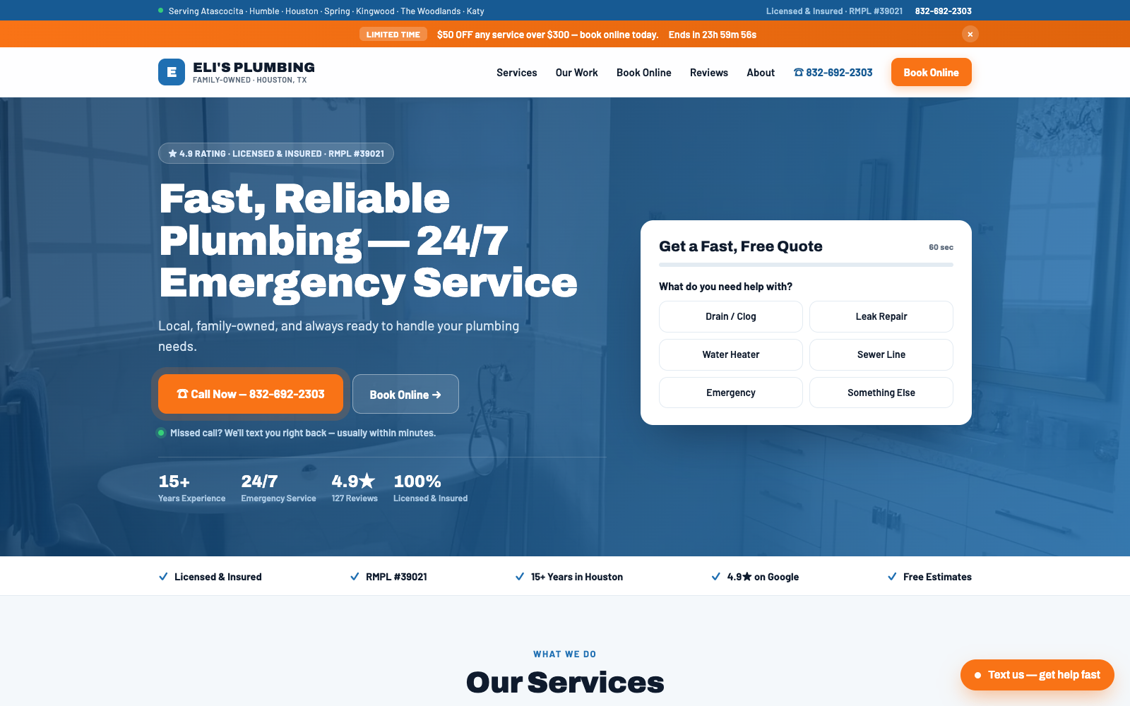 Eli's Plumbing — a live Booked Solid HTX client site